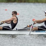 DORNEY. Las palistas neozelandeses Nathan Cohen (izq) y Joseph Sullivan cruzan primeros la línea de meta en la final A de doble Scull masculino de la competición de remo de los Juegos Olímpicos de Londres 2012. Foto: EFE