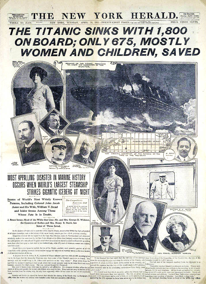 Portada del diario The New York Herald en 1912 sobre el hundimiento del Titanic.